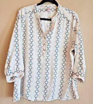 Downeast graphic Print, pink/blue/white 3/4 Sleeve Shirt Sz XL